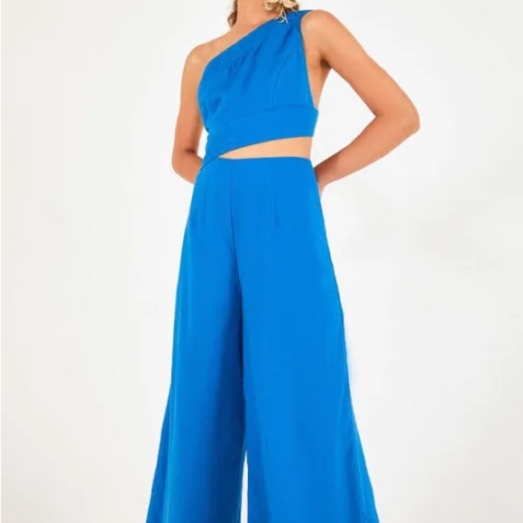 FARM Rio Blue Asymmetrical One Shoulder Linen Blend Jumpsuit Size L - Picture 2 of 16